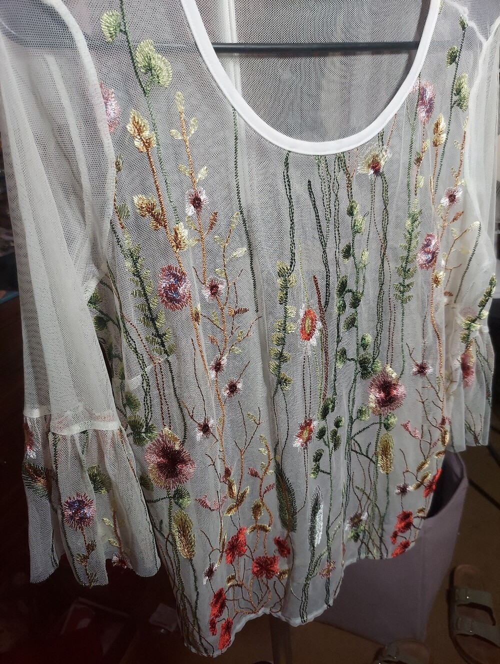 Grand And Green Botanical Spring Wildflower Embroidered Mesh Sheer Blouse M - Picture 4 of 8
